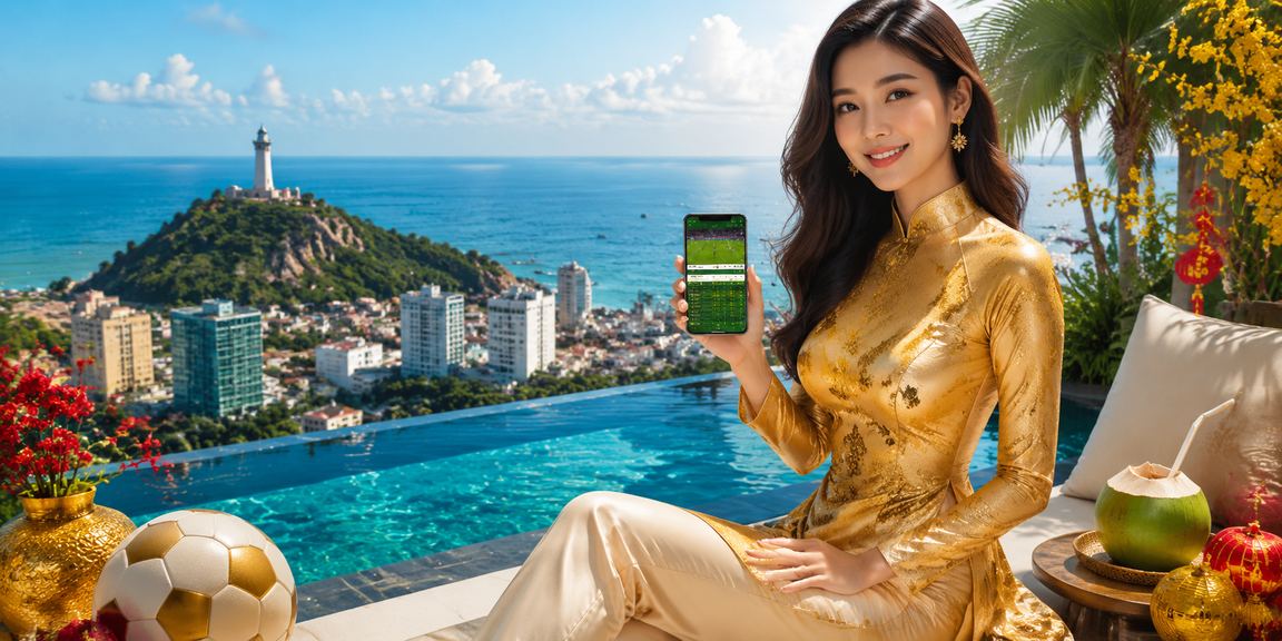 Người phụ nữ áo dài tại Vũng Tàu sử dụng ứng dụng casino và cá cược trên điện thoại bên biển